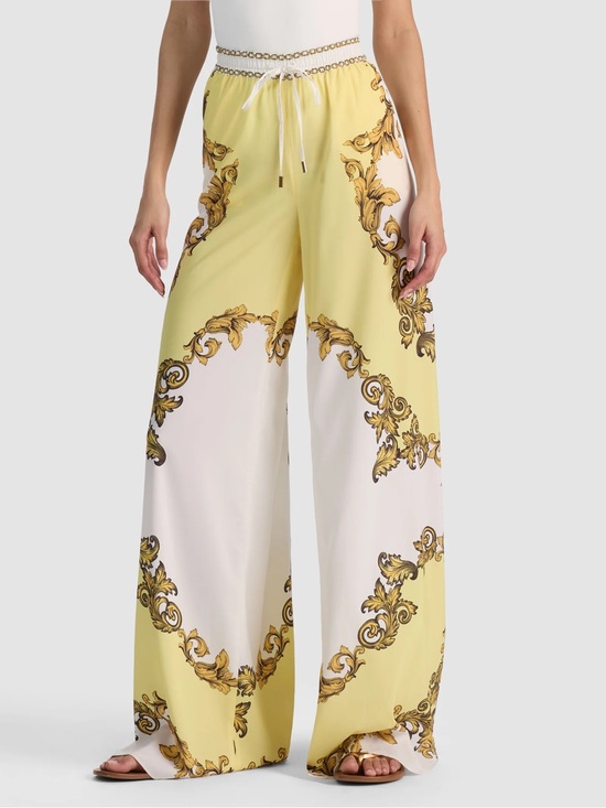 Alice + Olivia Pants - Alice and Olivia Wide-Leg Printed Drawstring Pants - Yellow/White